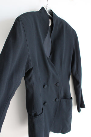 Ann Tjian For Kenar Curved Neckline Double Breasted Black Long Blazer | 10