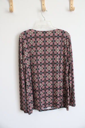 Axcess Black & Pink Patterned V-Neck Long Sleeved Top | XL