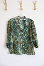 Alfred Dunner Sheer Green Brown & Blue Patterned Button Down Top | 14P