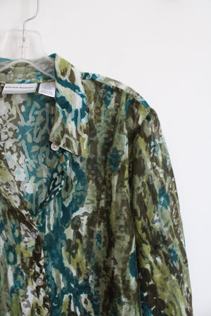 Alfred Dunner Sheer Green Brown & Blue Patterned Button Down Top | 14P