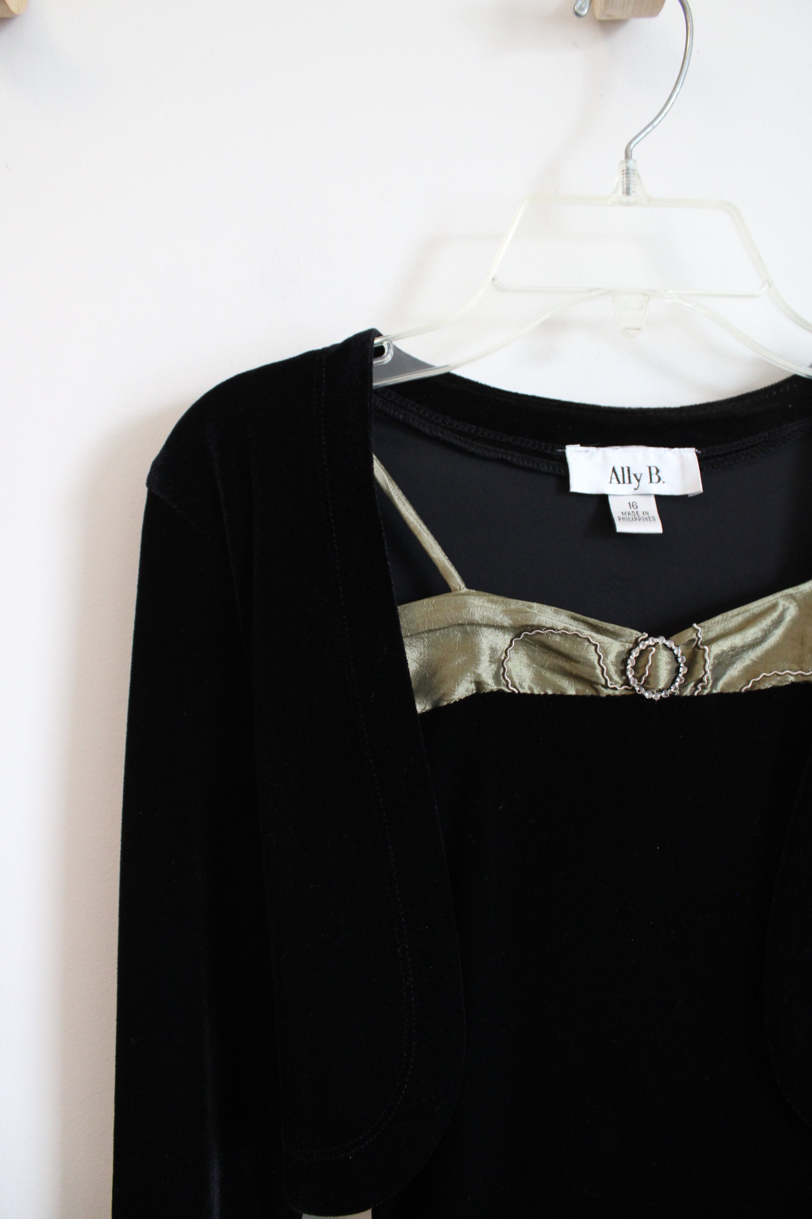 green korean dresses Ally B. Black Velvet & Green Dress & Shrug