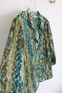 Alfred Dunner Sheer Green Brown & Blue Patterned Button Down Top | 14P
