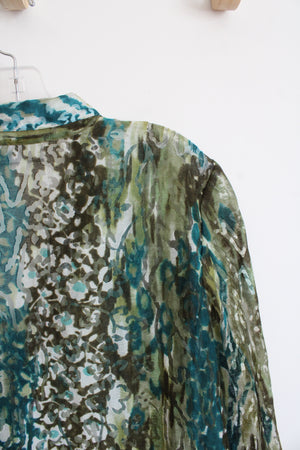 Alfred Dunner Sheer Green Brown & Blue Patterned Button Down Top | 14P