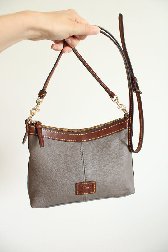 Dooney & Bourke Duck Grey Crossgrain Leather Brown Trim Zip Crossbody Purse