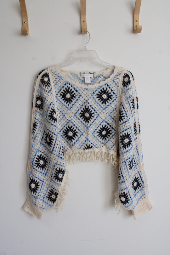 House Of Harlow 1960 Blue & Cream Crochet Cropped Poncho Top | One Size