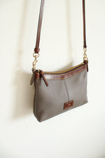 Dooney & Bourke Duck Grey Crossgrain Leather Brown Trim Zip Crossbody Purse