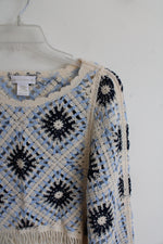 House Of Harlow 1960 Blue & Cream Crochet Cropped Poncho Top | One Size