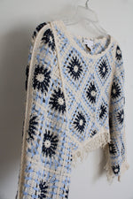 House Of Harlow 1960 Blue & Cream Crochet Cropped Poncho Top | One Size