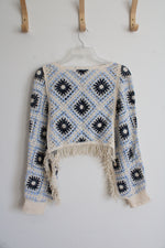 House Of Harlow 1960 Blue & Cream Crochet Cropped Poncho Top | One Size