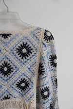 House Of Harlow 1960 Blue & Cream Crochet Cropped Poncho Top | One Size