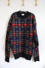 Vintage Scandinavian Design Clipper Black Gray Red & Blue Checkered Wool Sweater | XL