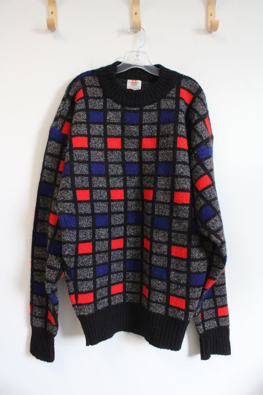 Vintage Scandinavian Design Clipper Black Gray Red & Blue Checkered Wool Sweater | XL