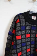Vintage Scandinavian Design Clipper Black Gray Red & Blue Checkered Wool Sweater | XL