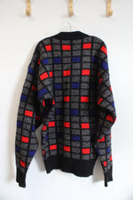 Vintage Scandinavian Design Clipper Black Gray Red & Blue Checkered Wool Sweater | XL