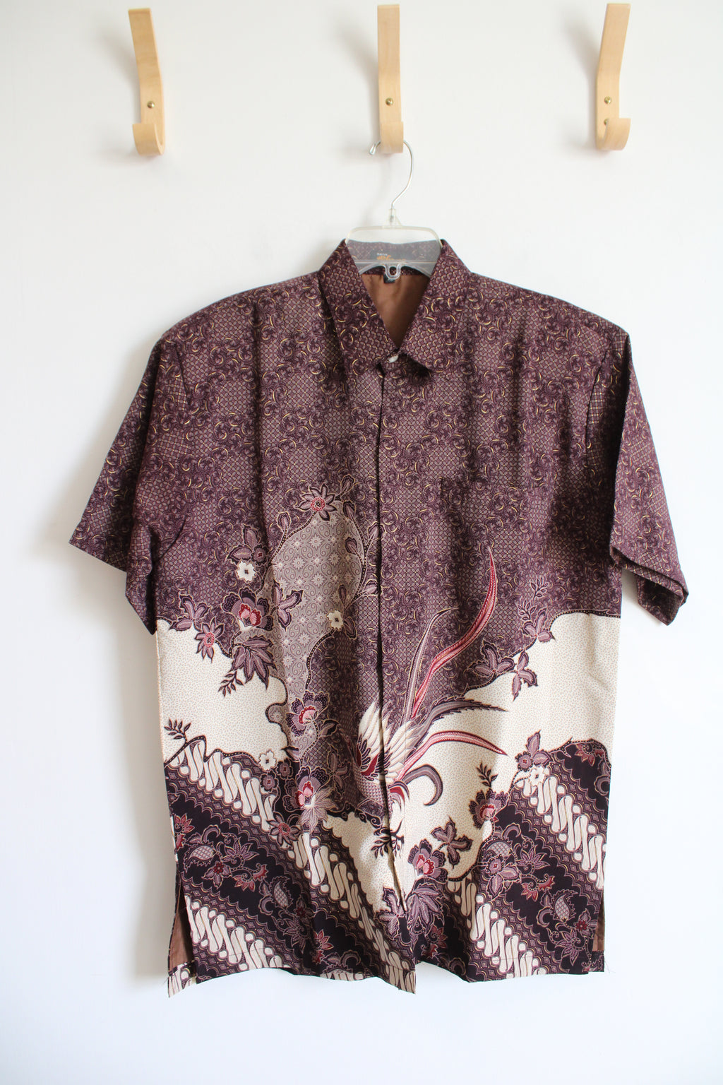 Batik Rhema Maroon Cream Gold Shimmer Button Down Shirt | XL