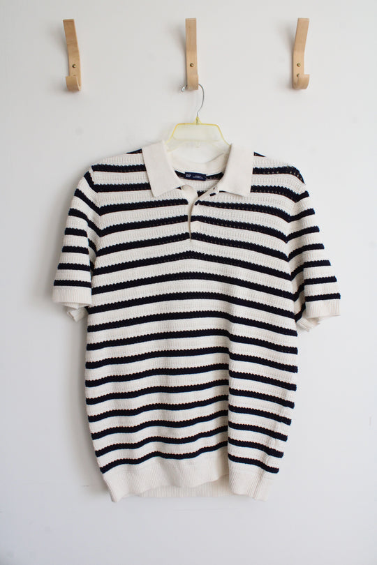 NEW Gap Navy & Cream Striped Knit Collared Shirt | L Tall
