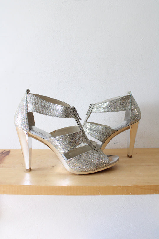 MICHAEL Michael Kors Berkley T-Strap Metallic Silver Heels | Size 9M