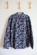 Tallia Blue Textured Velvet Floral Button Down Shirt | XL (17.5)