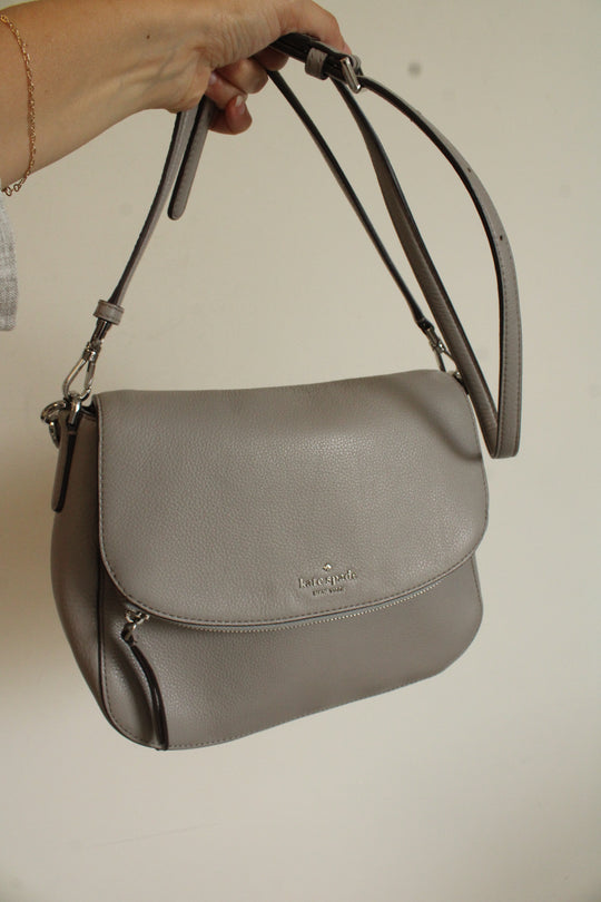 Kate Spade Jackson Gray Taupe Soft Pebbled Leather Medium Flap Crossbody Bag