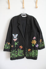 Anage Black Embroidered Floral & Butterfly Blazer Jacket | XL