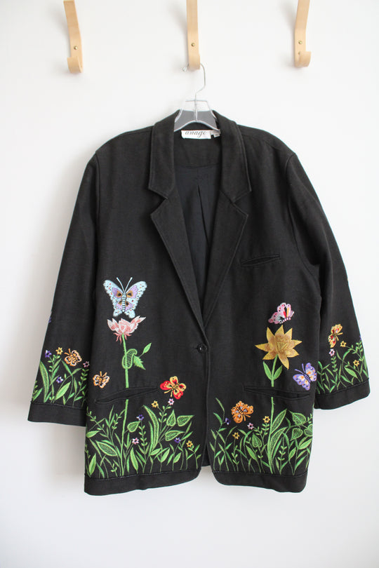 Anage Black Embroidered Floral & Butterfly Blazer Jacket | XL