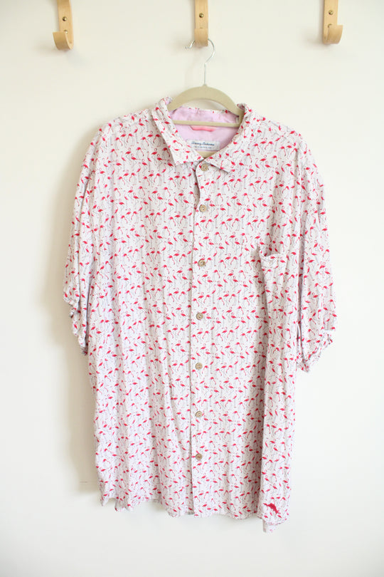 Tommy Bahama White Pink Flamingo Print Button Down Short Sleeved Shirt | 3XLT