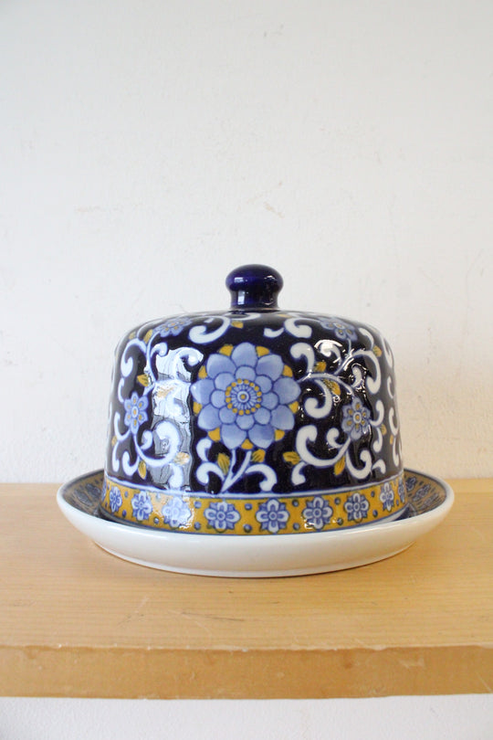 Blue Yellow & White Floral Ceramic Covered Dish