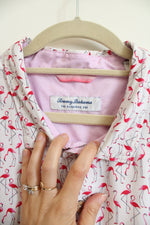 Tommy Bahama White Pink Flamingo Print Button Down Short Sleeved Shirt | 3XLT