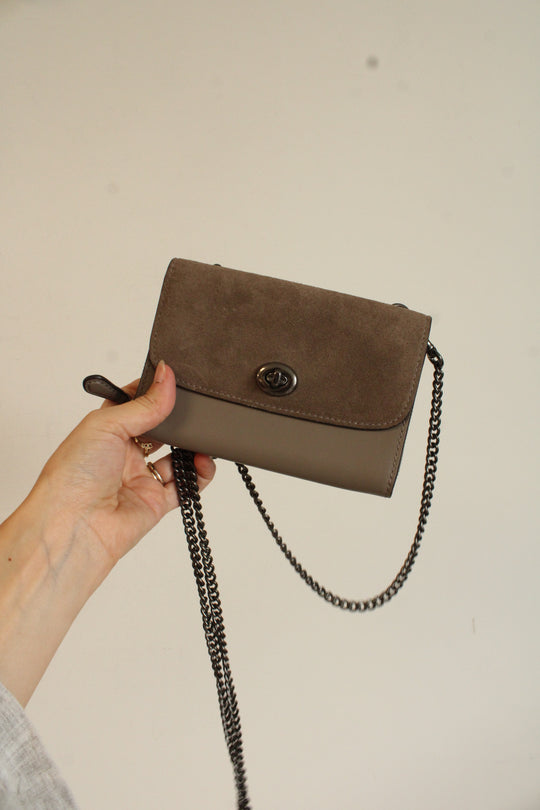Coach Taupe Leather Suede Chain Strap Crossbody Small Purse