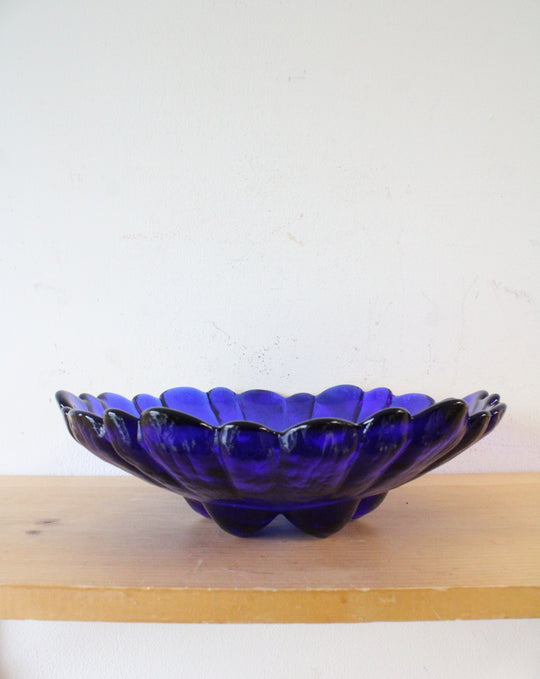 Vintage Cobalt Blue Scalloped Flower Bowl