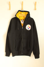 Steelers NFL Black Embroidered Yellow Fleece Lined Zip Up Jacket | L