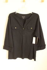 NEW Charter Club Women Black 3/4 Sleeve Pima Cotton Top With Pockets And Gold Button Details | 2XL