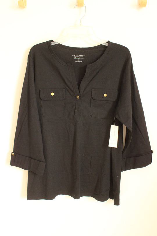 NEW Charter Club Women Black 3/4 Sleeve Pima Cotton Top With Pockets And Gold Button Details | 2XL