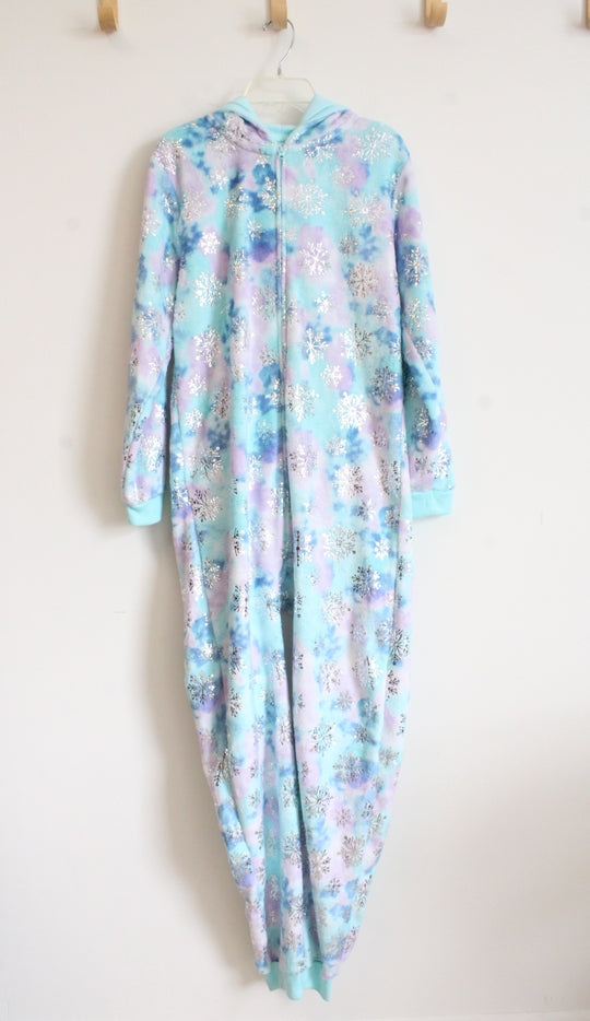 NEW PJ Place Blue & Purple Fleece Silver Snowflake Zip Up Onesie | Youth XXL (16)