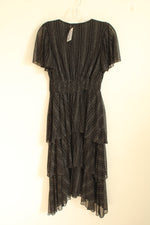 Ember Black And Silver Striped Wrap Top Ruffle Dress | S