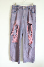 Pink Tinted Distressed Wide Leg Jean | L