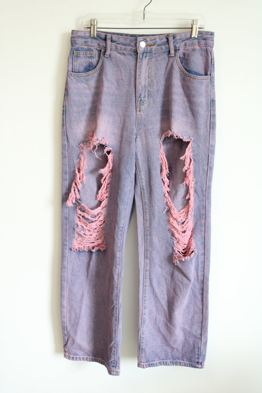 Pink Tinted Distressed Wide Leg Jean | L