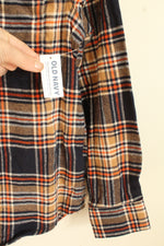 NEW Old Navy Blue Orange And Tan Plaid Hooded Flannel Shirt | 10/12