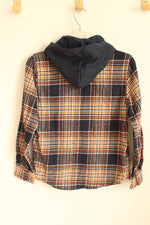 NEW Old Navy Blue Orange And Tan Plaid Hooded Flannel Shirt | 10/12