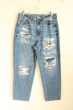 NEW American Eagle Straight Leg Distressed With Plaid Medium Wash Jeans | 12