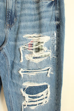 NEW American Eagle Straight Leg Distressed With Plaid Medium Wash Jeans | 12