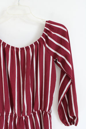 Forever 21 Maroon & White Striped Long Sleeved Romper | M