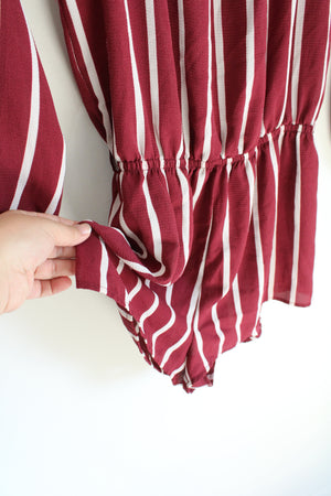 Forever 21 Maroon & White Striped Long Sleeved Romper | M