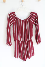 Forever 21 Maroon & White Striped Long Sleeved Romper | M