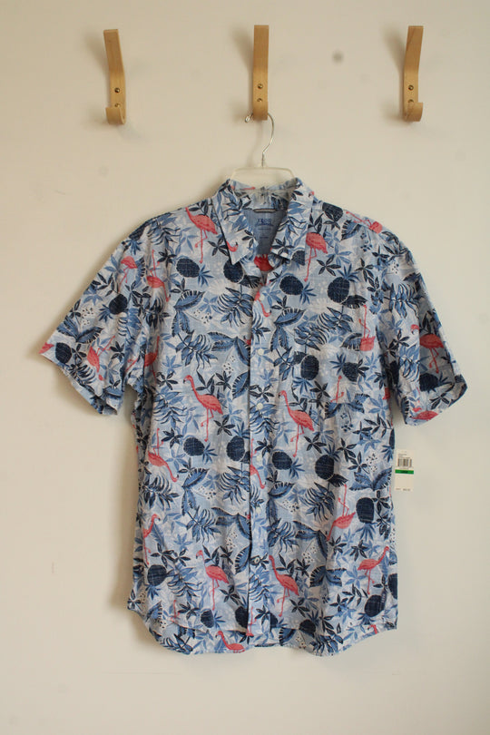 NEW Izod Blue and Pink Cotton Flamingo Tropical Short Sleeve Button Down Shirt | L