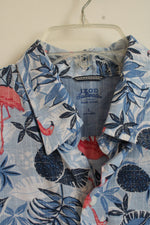 NEW Izod Blue and Pink Cotton Flamingo Tropical Short Sleeve Button Down Shirt | L