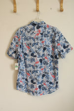 NEW Izod Blue and Pink Cotton Flamingo Tropical Short Sleeve Button Down Shirt | L