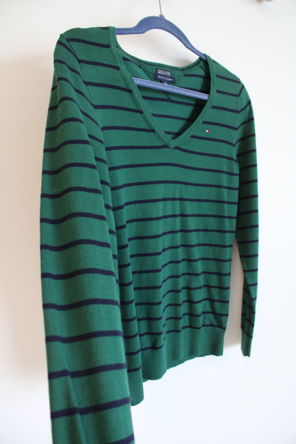 Tommy Hilfiger Green Navy Blue Striped Pima Cotton Sweater | M