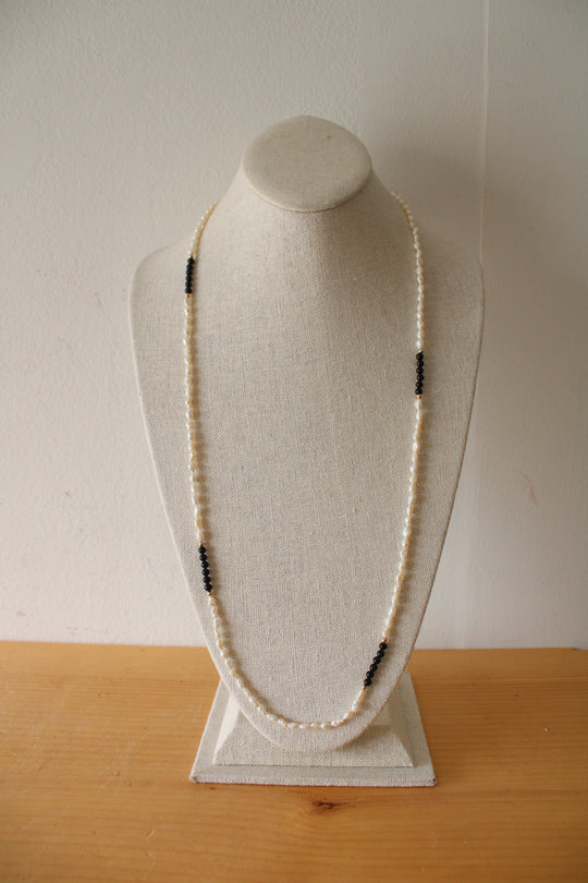 Genuine Rice Pearl & Black Beaded Long Necklace
