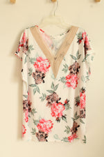 NEW Sampeel Pink Tan And Green Floral Print Top With Tan Lace Collar | XL